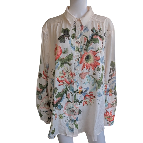Anthropologie The Brielle Relaxed Buttondown Blouse Cream Floral Shirt - Picture 9 of 13